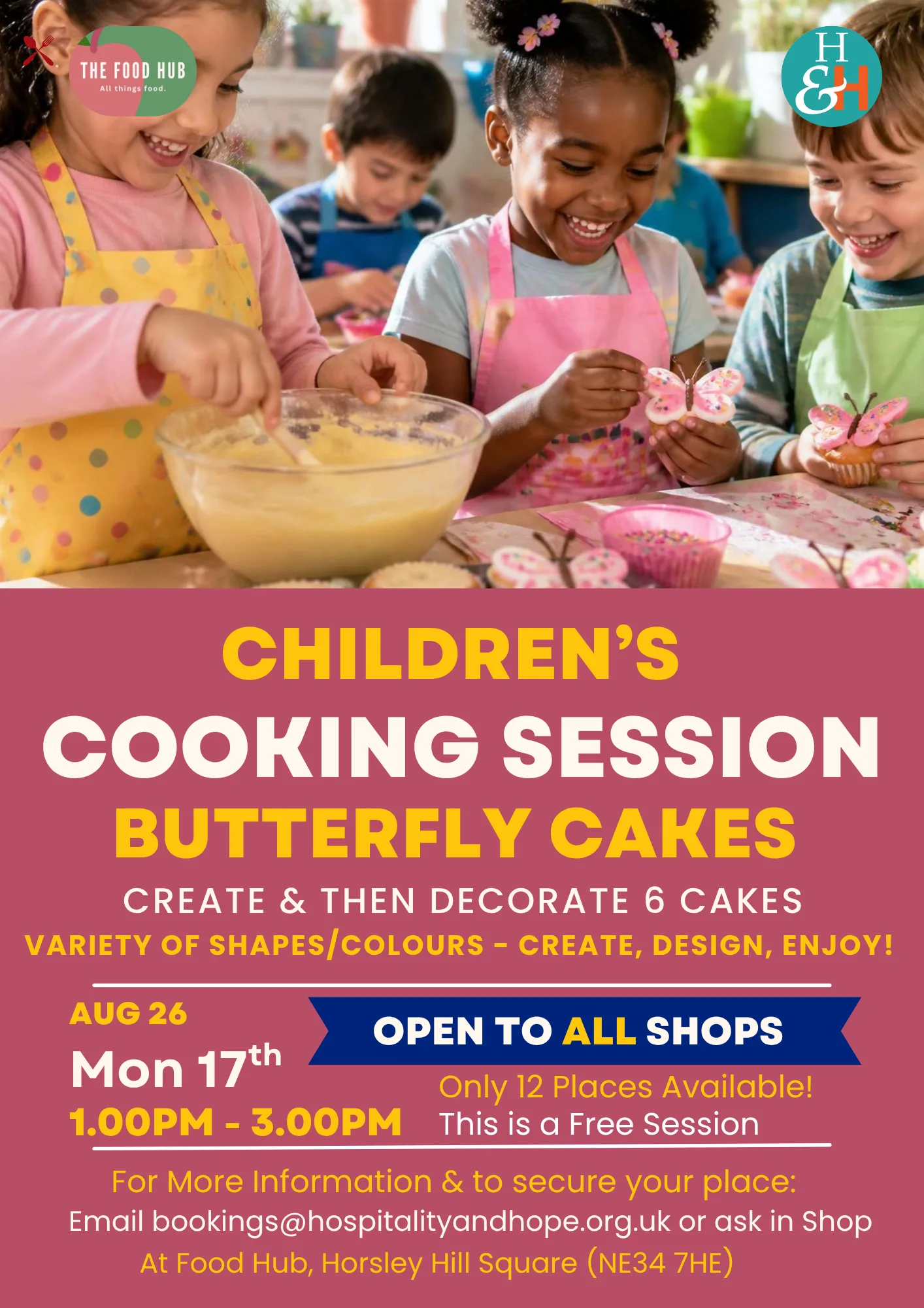 Group of children in colorful aprons mixing batter and decorating butterfly cupcakes; a cooking class poster inviting kids to a butterfly cakes session.