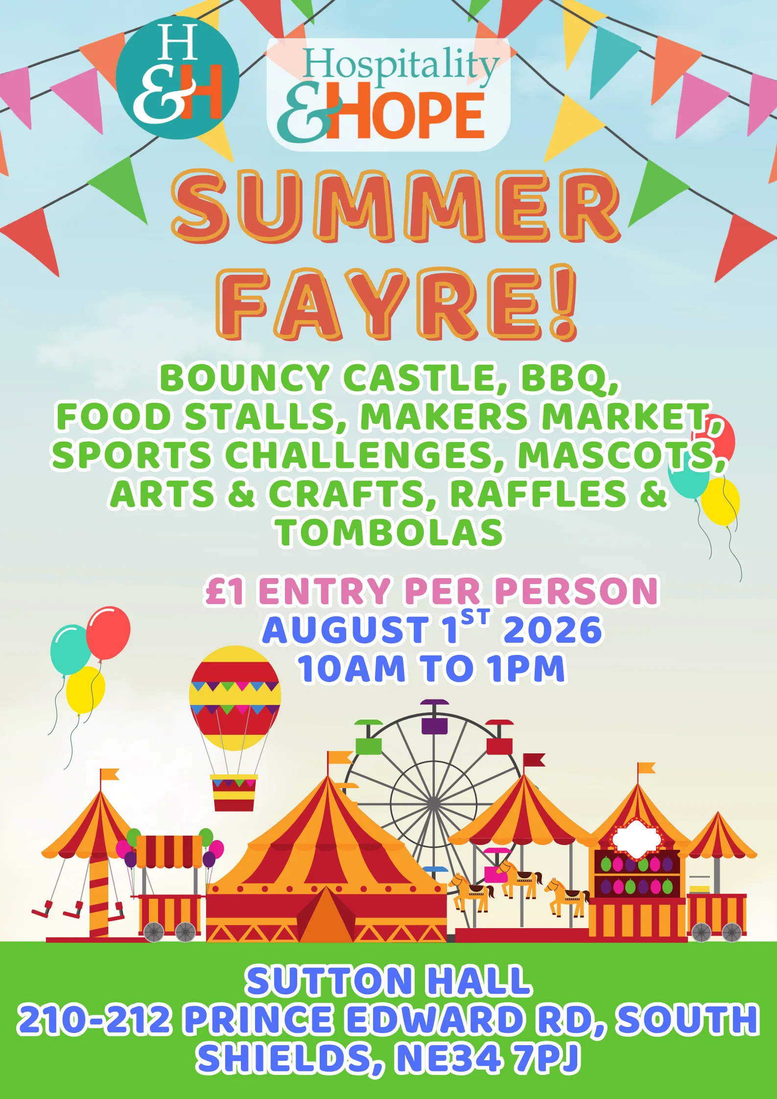 Poster advertising a Hospitality & Hope Summer Fayre with tents, balloons, and fair rides at Sutton Hall; date August 1, 2026, 10am–1pm (South Shields).