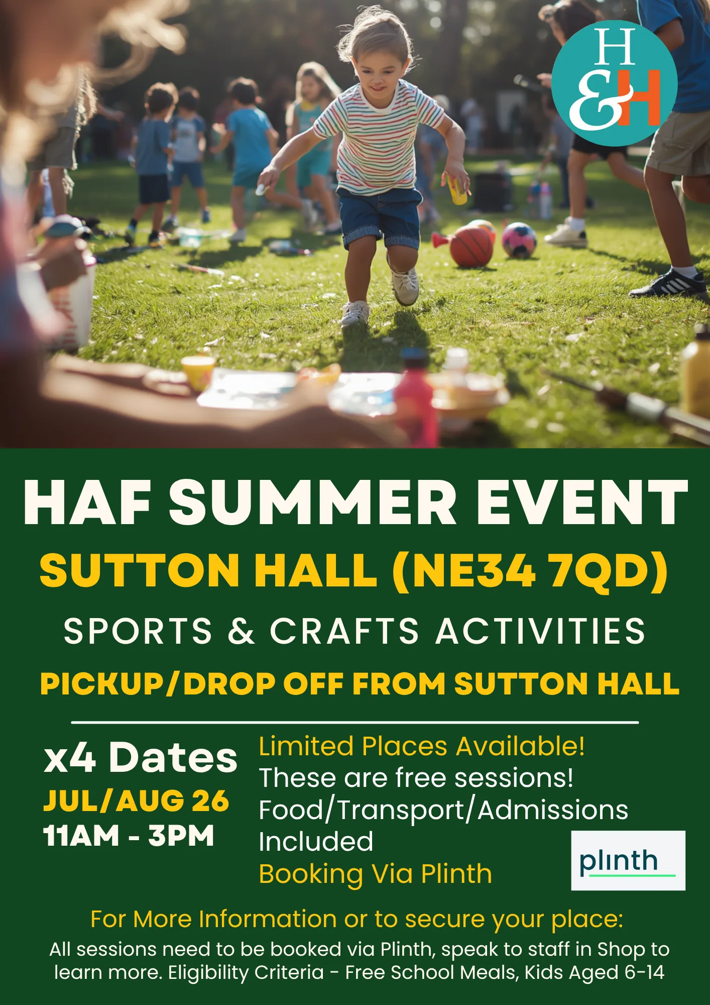 Child runs across a sunny park while others play in the background; a large green event poster overlays the bottom with 'HAF Summer Event' text and location details.