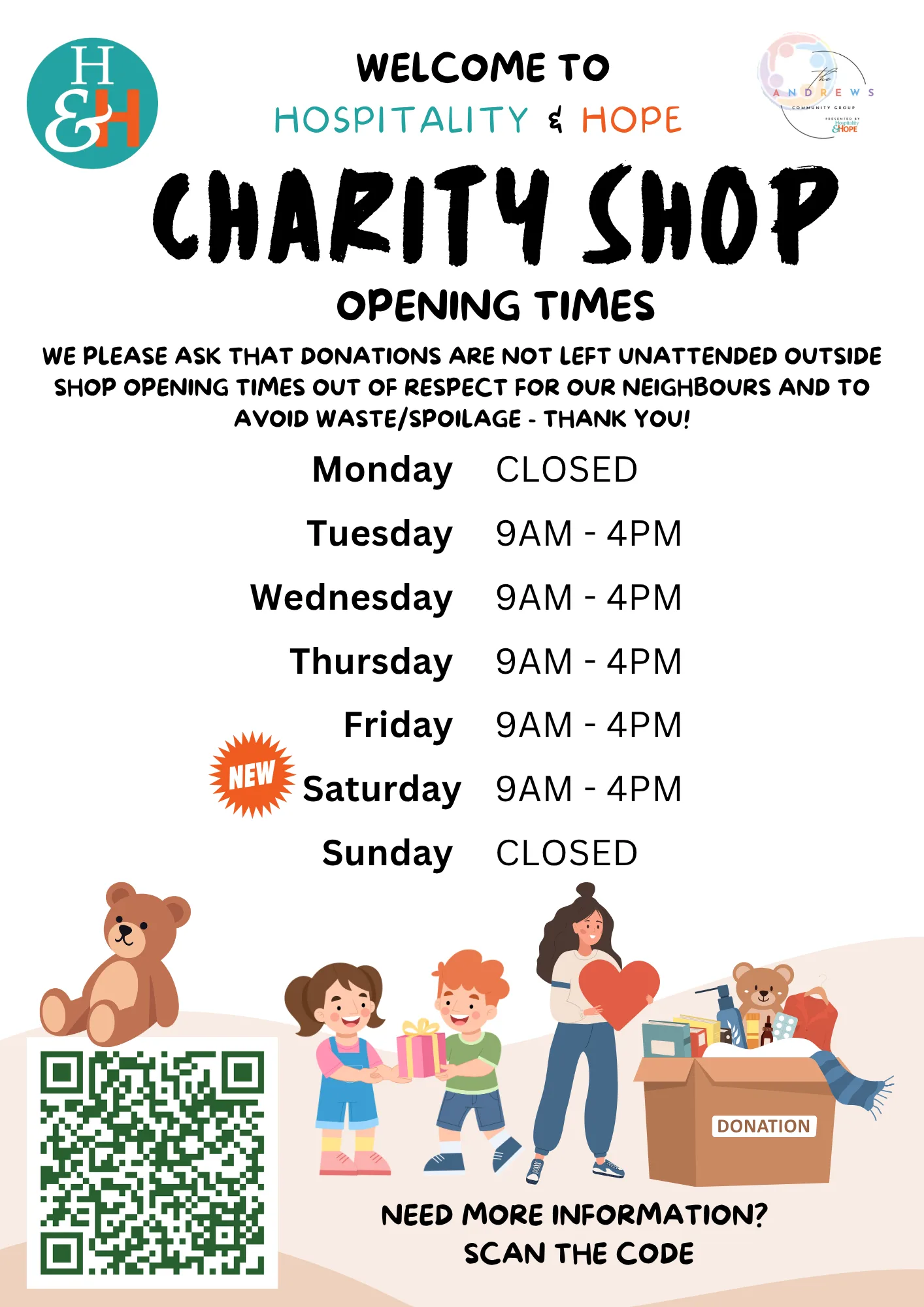 Charity shop sign with weekly opening times and a large 'Charity Shop' title, plus a QR code and cartoon donors at the bottom left and donation box on the right.