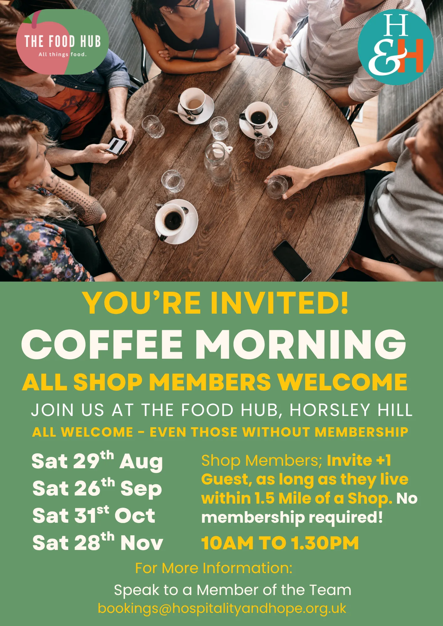 Top-down view of six people around a wooden table with coffee cups and glasses; two circular logos in the corners and a green poster inviting a coffee morning event for all members.