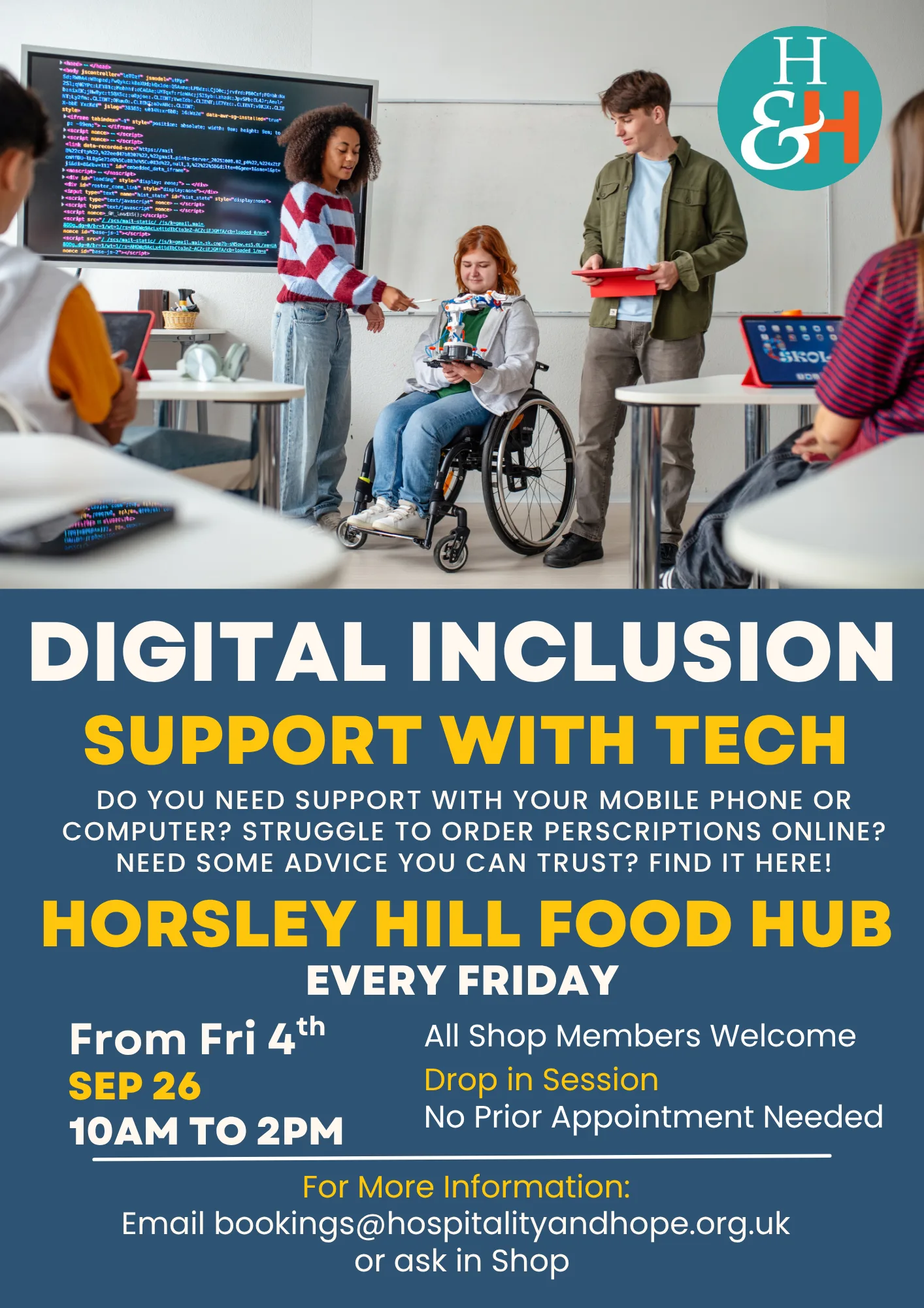 Group of students presenting a small robot to a student in a wheelchair in a bright classroom, with a large 'DIGITAL INCLUSION' poster in the foreground and a teal logo in the corner