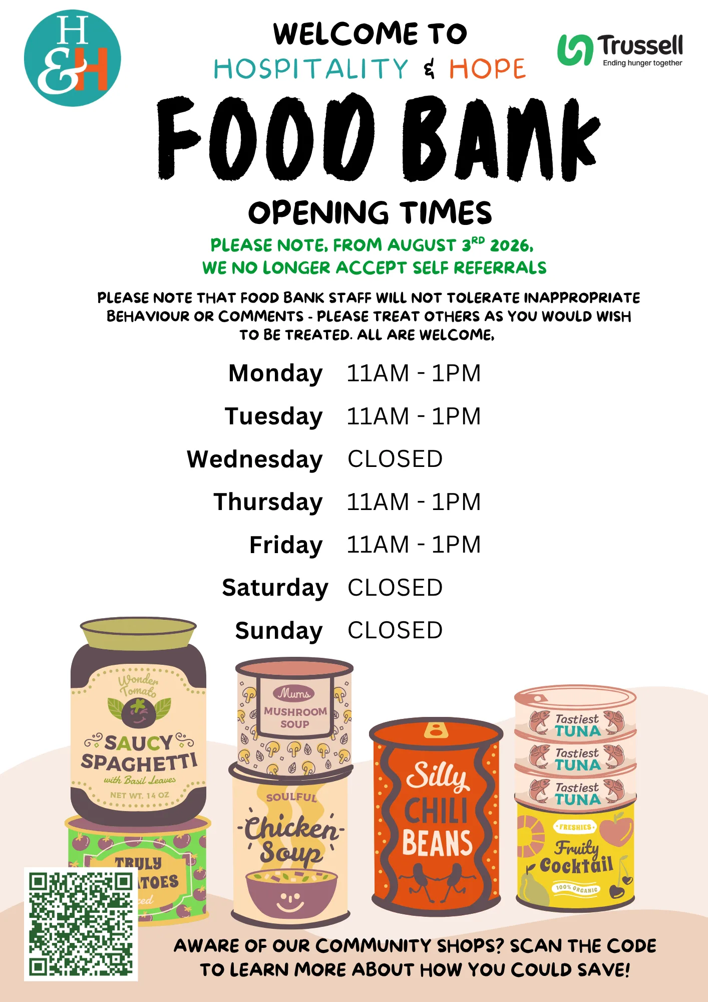 Poster for a community food bank listing hours: Mon–Tue 11AM–1PM, Thu–Fri 11AM–1PM; Wed, Sat, Sun closed, with illustrated canned goods at the bottom and QR code area on left.