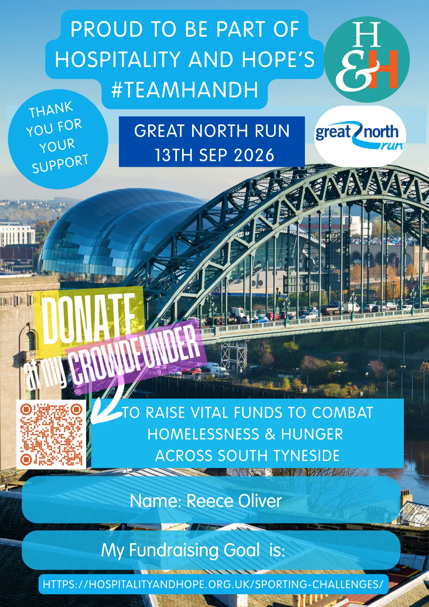 Charity poster promoting Hospitality and Hope with Great North Run on 13 September 2026, encouraging donations and crowdfunding (Name: Reece Oliver).