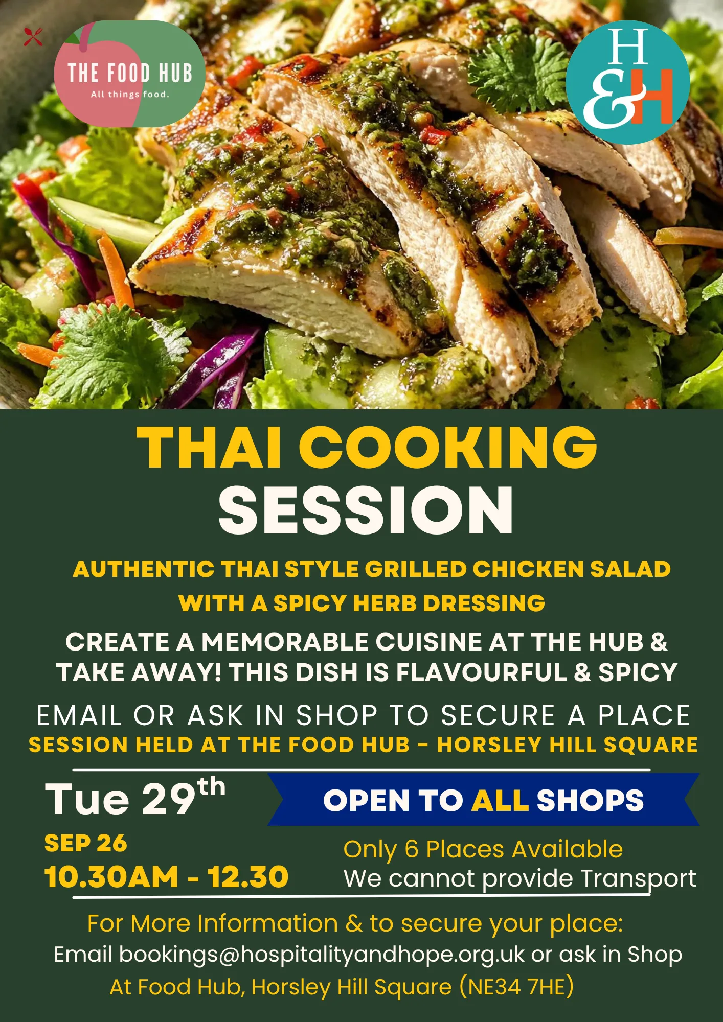 Poster advertising a Thai cooking session: authentic Thai-style grilled chicken salad with spicy herb dressing, with green salad background and two logos in corners.
