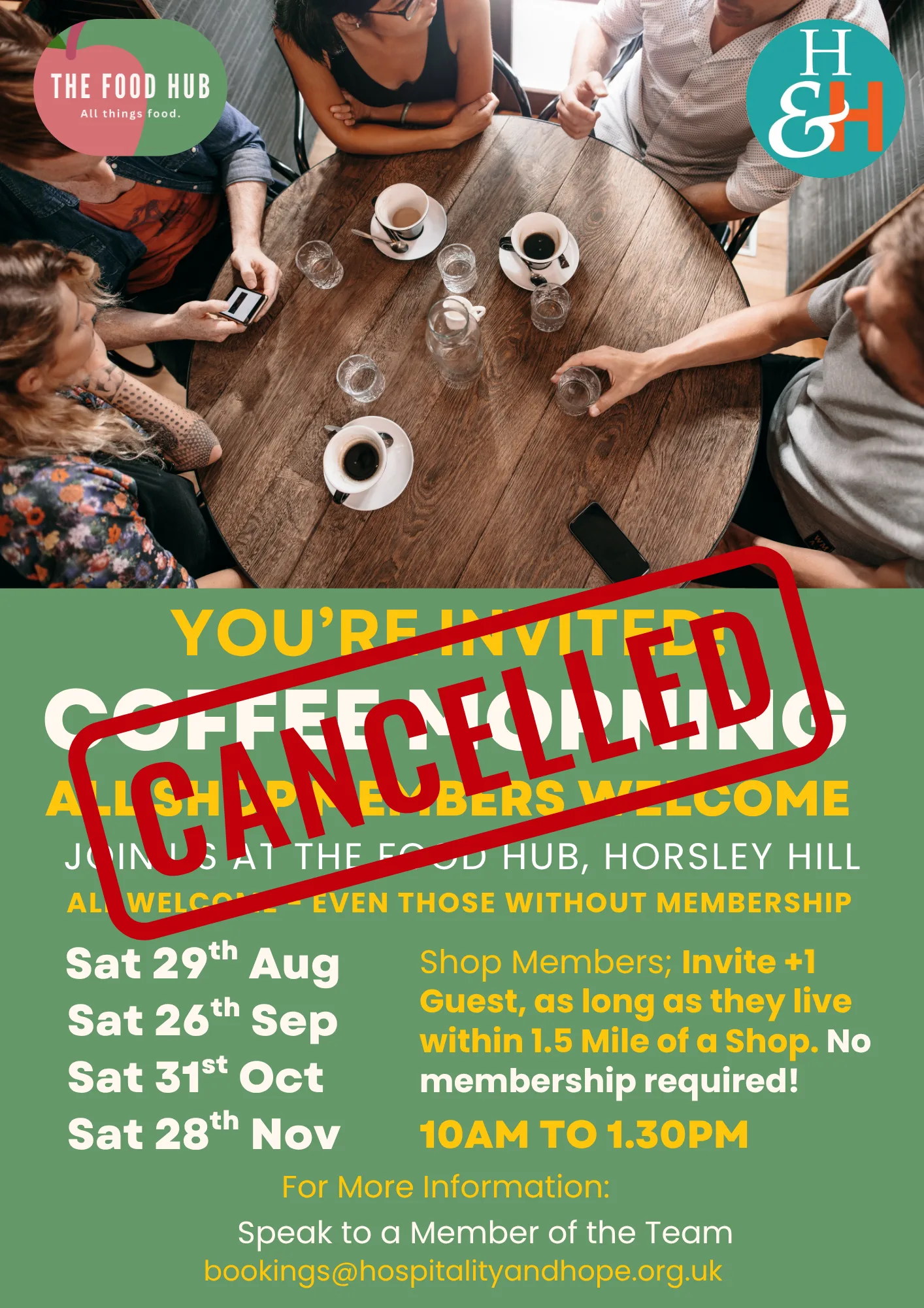 Top-down view of six people around a wooden table with coffee cups and glasses; two circular logos in the corners and a green poster inviting a coffee morning event for all members.