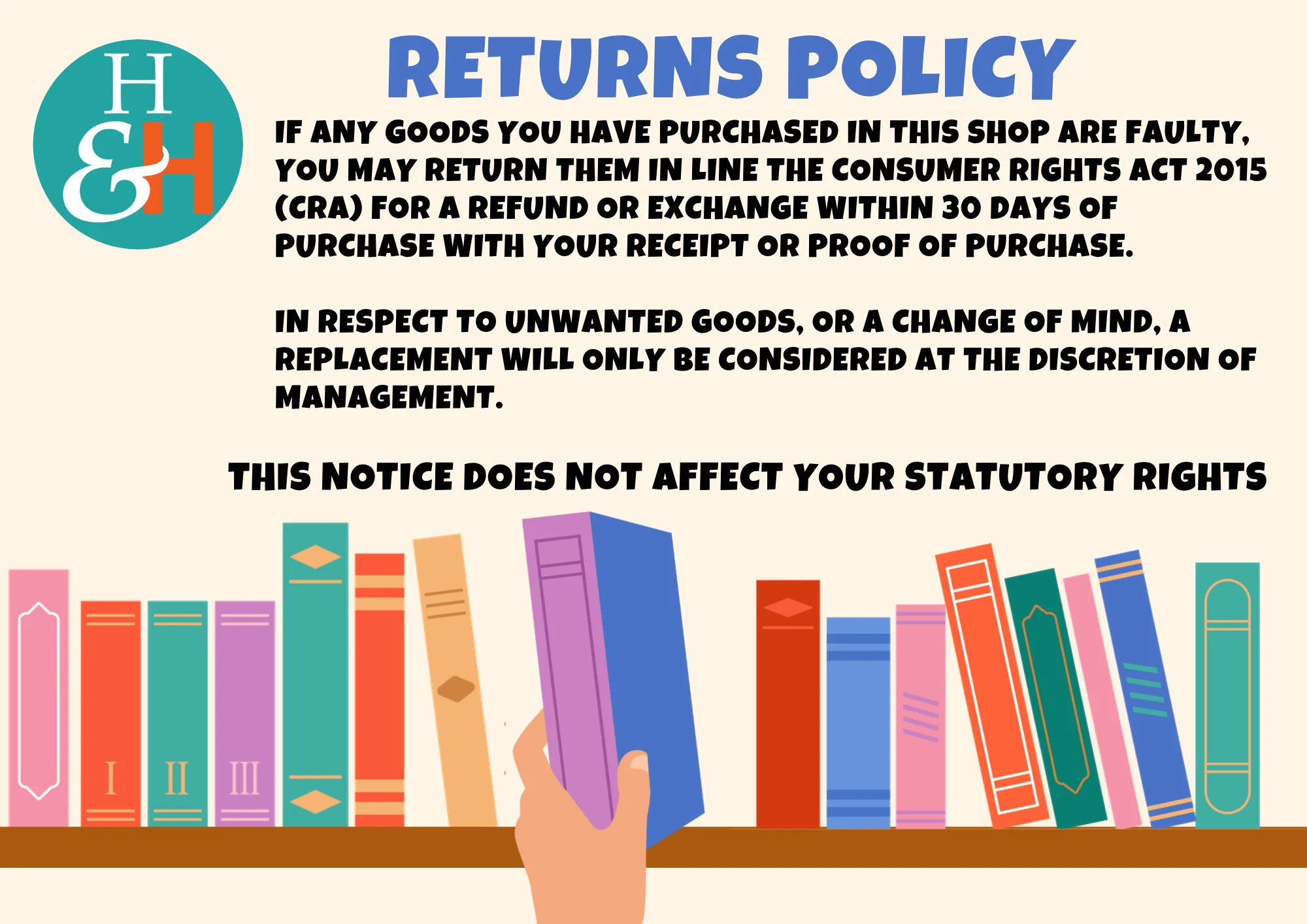 Hand reaching for a colorful row of books under a bold 'Returns Policy' heading. (hand and shelf illustration)”,